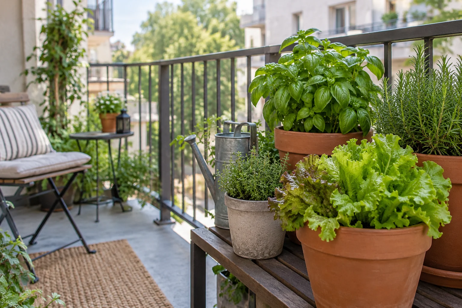 Herbs and leafy vegetables in simple pots on a small apartment balcony